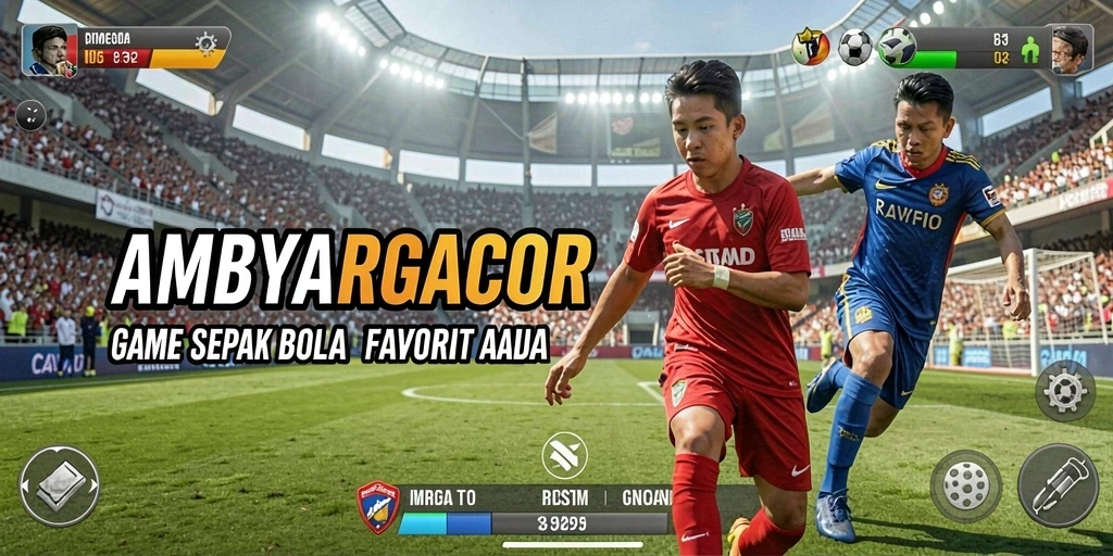 Tangkapan layar gameplay AMBYARGACOR yang menunjukkan aksi sepak bola mendebarkan.
