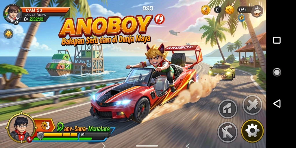 Screenshot gameplay ANOBOY menampilkan aksi balapan yang mendebarkan.