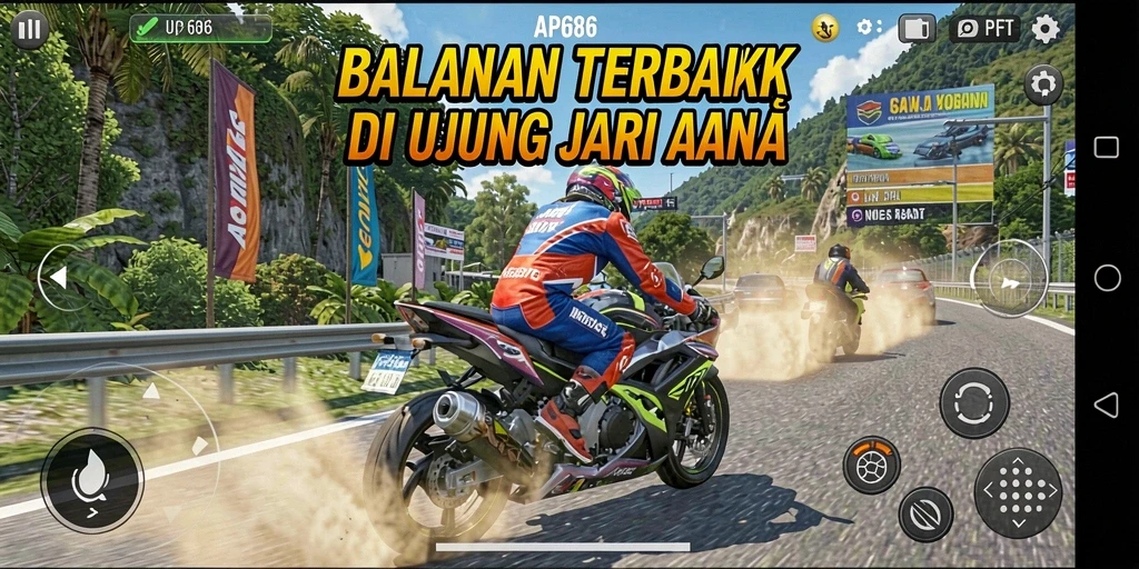 Screenshot AP686 menampilkan aksi balapan motor yang mendebarkan.