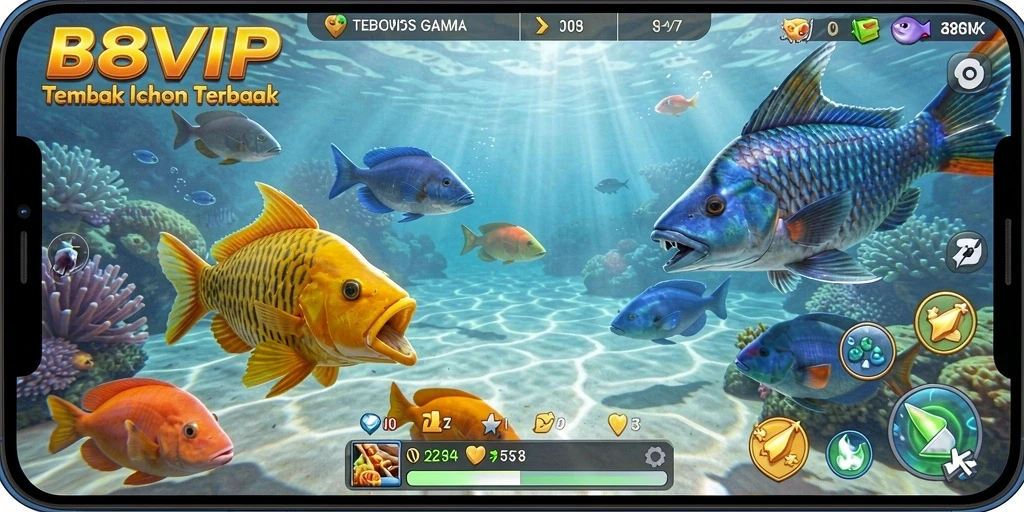 Tangkapan layar utama B8VIP menampilkan aksi seru dalam menembak ikan.